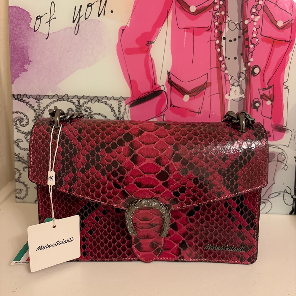 NWT Marina Galanti Magenta and Black Python-Print Shoulder Bag - Picture 2 of 9